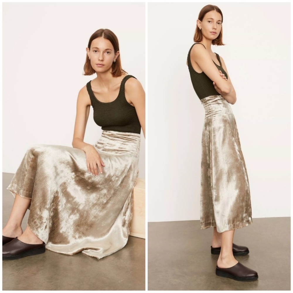 VINCE Champagne Paneled Velvet Slip Midi Skirt Size 12 NWT